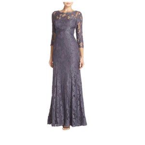 Gunmetal Grey Illusion Yoke Lace Gown Formal Dress